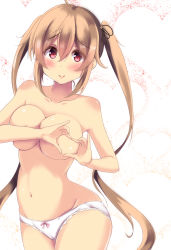 Rule 34 | 10s, 1girl, absurdres, blonde hair, blush, bow, bow panties, breasts, collarbone, cowboy shot, deep skin, hair between eyes, heart, heart-shaped boob challenge, heart background, heart hands, highres, kantai collection, large breasts, long hair, murasame (kancolle), navel, panties, purunyara, red eyes, skindentation, solo, topless, twintails, underwear, underwear only, upper body, white background, white panties
