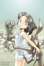 Rule 34 | 1girl, alien, artist name, awatake takahiro, black hair, blue eyes, breasts, camisole, creature, dress, looking at viewer, original, short hair, small breasts, solo, sundress, tagme