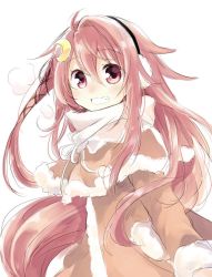 Rule 34 | 1girl, alternate costume, blush, commentary request, crescent, crescent hair ornament, earmuffs, fur trim, grin, hair ornament, hair ribbon, jacket, kantai collection, looking at viewer, looking back, nagasioo, pink eyes, pink hair, ribbon, simple background, smile, solo, upper body, uzuki (kancolle), white background