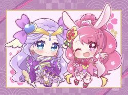 Rule 34 | 2girls, animal ears, blue eyes, butterfly earrings, chibi, commentary request, cure earth, cure earth (partner form), cure grace, cure grace (partner form), detached sleeves, dog tail, dress, earrings, full body, hanadera nodoka, happy new year, healin&#039; good precure, highres, japanese clothes, jewelry, kimono, long hair, magical girl, multiple girls, new year, one eye closed, parted bangs, pink eyes, pink hair, pink kimono, ponytail, precure, purple dress, purple hair, rabbit ears, smile, tail, umiyuki (umi chu)