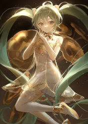 Rule 34 | 1girl, :o, absurdres, armlet, bare shoulders, black background, breasts, cleavage, dress, foot out of frame, gold choker, gold trim, gramophone miku, green eyes, green hair, hatsune miku, highres, instrument, light, light blush, light particles, long hair, looking at viewer, oyuyu, small breasts, solo, standing, strapless, strapless dress, thighhighs, trumpet, twintails, vocaloid, white dress, white footwear, white thighhighs