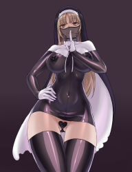 Rule 34 | 1girl, absurdres, black thighhighs, blush, breasts, brown background, brown eyes, capelet, chinese commentary, closed mouth, commentary request, covered erect nipples, covered navel, cowboy shot, dress, female pubic hair, finger to mouth, gloves, gluteal fold, habit, hand on own hip, heart pasties, highres, index finger raised, large breasts, latex, latex dress, latex legwear, latex thighhighs, light brown hair, long hair, long sleeves, looking at viewer, maebari, mouth veil, nijisanji, nun, parted bangs, pasties, pubic hair, pussy, shushing, simple background, sister claire, sister claire (1st costume), smile, solo, thigh gap, thighhighs, veil, virtual youtuber, white capelet, white gloves, yeklsa