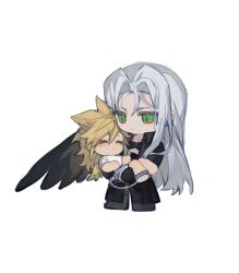 Rule 34 | 2boys, aged down, barefoot, black coat, black footwear, black wings, blonde hair, blush, boots, chain, chest strap, chibi, closed eyes, cloud strife, coat, feathered wings, final fantasy, final fantasy vii, full body, grabbing another&#039;s hair, green eyes, grey hair, highres, long hair, male focus, maomaoyu, multiple boys, open clothes, open coat, parted lips, sephiroth, shirt, single ankle cuff, single wing, slit pupils, time paradox, very long hair, white shirt, wings, yellow wings