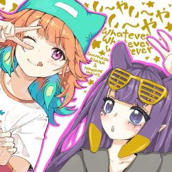 Rule 34 | 2girls, :o, :q, blush, collarbone, english text, eyelashes, feathers, glasses on head, green hair, green headwear, grey hoodie, hololive, hololive english, hood, hoodie, japanese text, looking at another, looking at viewer, looking to the side, mole, mole under eye, multicolored hair, multiple girls, ninomae ina&#039;nis, ninomae ina&#039;nis (artist), orange hair, outline, peace symbol, pointy ears, promotional art, purple eyes, purple hair, shirt, shutter shades, t-shirt, takanashi kiara, takanashi kiara (artist), tentacle hair, tongue, tongue out, two-tone hair, virtual youtuber, white shirt