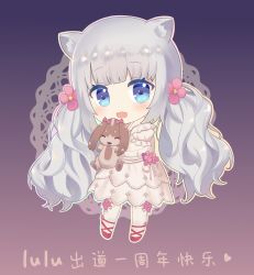 Rule 34 | 1girl, animal, animal ear fluff, blue eyes, blunt bangs, blush, chibi, closed eyes, copyright request, dog, dress, fang, flower, full body, hair flower, hair ornament, heart, highres, holding, holding animal, long hair, open mouth, pink flower, puffy short sleeves, puffy sleeves, red footwear, shoes, short sleeves, silver hair, solo, standing, translation request, tsukimiya yuuko, twintails, very long hair, virtual youtuber, white dress