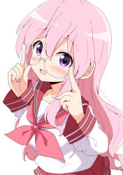 Rule 34 | 1girl, :d, absurdres, adjusting eyewear, aikawa ryou, blush, breasts, commentary request, glasses, hair between eyes, hands up, highres, long hair, long sleeves, looking at viewer, lucky star, medium breasts, neckerchief, open mouth, pink hair, pink neckerchief, pleated skirt, purple eyes, red sailor collar, red skirt, round eyewear, sailor collar, school uniform, serafuku, shirt, simple background, skirt, smile, solo, takara miyuki, very long hair, white background, white shirt