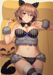 Rule 34 | 1girl, bell, black bow, blue ribbon, bow, breasts, brown hair, cleavage, cowboy shot, green eyes, groin, hair between eyes, halloween, halloween costume, highres, jack-o&#039;-lantern, jingle bell, kantai collection, kasumi (skchkko), large breasts, mutsu (kancolle), navel, neck bell, open mouth, ribbon, short hair, solo, striped clothes, striped thighhighs, tail, thighhighs