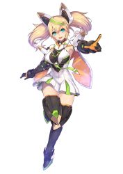 Rule 34 | 1girl, aqua eyes, blonde hair, breasts, elbow gloves, gen&eacute; (pso2), gene (pso2), gloves, green hair, hair between eyes, hair ornament, headgear, large breasts, long hair, looking at viewer, multicolored hair, nidy, official art, open mouth, phantasy star, phantasy star online 2, pointing, pointing at viewer, simple background, smile, solo, thighhighs, twintails, white background, zettai ryouiki