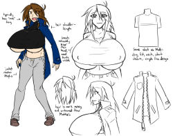 Rule 34 | 1girl, breasts, brown eyes, brown hair, character sheet, english text, fang, full body, huge breasts, lass (ego trigger), matsu-sensei, simple background, underboob, white background, zipper, zipper pull tab