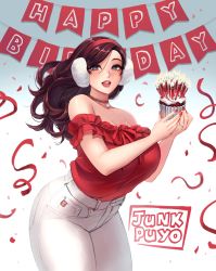 Rule 34 | 1girl, arched back, artist name, banner, bare shoulders, beryl (junkpuyo), blouse, breasts, cake, candle, choker, cleavage, confetti, cupcake, curvy, earmuffs, food, grey eyes, happy birthday, highres, holding, holding cake, holding food, icing, jewelry, junkpuyo, large breasts, legs together, long hair, looking at viewer, nail polish, necklace, off shoulder, open mouth, original, pants, purple hair, red lips, red nails, red shirt, shirt, shirt tucked in, solo, standing, streamers, swept bangs, white pants