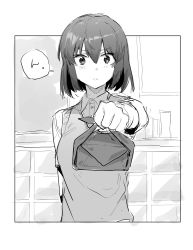 Rule 34 | 1girl, bento, blush, bob cut, book, breasts, classroom, commentary, dress shirt, furrowed brow, giving, greyscale, hair between eyes, highres, incoming food, light frown, medium breasts, monochrome, nervous, original, outside border, school uniform, shirt, short hair, sketch, solo, speech bubble, upper body, window, wrapped bento, yamamoto kichiko