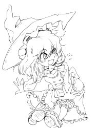 Rule 34 | 1girl, apron, bloomers, blush, braid, buttons, dress, fang, female focus, greyscale, hair ribbon, hat, hip attack, kirisame marisa, lineart, monochrome, open mouth, ribbon, shoes, socks, solo, taker, taker (flamestorm), touhou, underwear, witch, witch hat