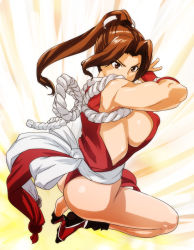 Rule 34 | 1girl, ass, breasts, brown eyes, brown hair, elbowing, covered erect nipples, fatal fury, large breasts, long hair, ponytail, revealing clothes, rope, shiranui mai, sideboob, snk, solo, the king of fighters, usatarou