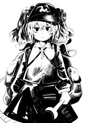 Rule 34 | 1girl, backpack, bag, closed mouth, facing viewer, flat cap, hair bobbles, hair ornament, hanokami, hat, high contrast, highres, holding, holding wrench, kawashiro nitori, key, long sleeves, looking at viewer, monochrome, short hair, simple background, skirt, solo, touhou, two side up, wrench