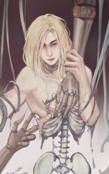 Rule 34 | 1boy, absurdres, blonde hair, bone, cable, chengya huanwo, chinese commentary, collarbone, commentary, completely nude, cracked skin, entangled, forehead, grabbing another&#039;s arm, highres, joints, lies of p, long hair, male focus, mechanical arms, melting, nude, parted bangs, robot joints, romeo (lies of p), skeleton, solo, toned, toned male, upper body