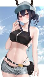 Rule 34 | 1girl, absurdres, alternate hairstyle, arknights, bad id, bad pixiv id, bare arms, bare shoulders, baseball cap, belt, bikini, black bikini, black hair, blue sky, blush, breasts, ch&#039;en (arknights), ch'en (arknights), cloud, contrail, cowboy shot, day, dragon horns, female focus, female tourist c (arknights), grey shorts, hair between eyes, hat, head tilt, highleg, highleg bikini, highres, horns, horns through headwear, large breasts, long hair, looking at viewer, mo (mainiti omoti), navel, official alternate costume, open fly, outdoors, ponytail, pouch, red eyes, short ponytail, short shorts, shorts, sidelocks, sky, solo, standing, stomach, swimsuit