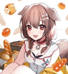 Rule 34 | 1girl, :3, animal collar, animal ears, bad id, bad twitter id, baguette, blush, bone hair ornament, braid, bread, breasts, brown eyes, brown hair, buckle, buttons, cleavage, collar, collarbone, daimaou ruaeru, dog ears, dog girl, dog tail, doughnut, dress, fang, food, hair between eyes, hair ornament, hairclip, highres, hololive, inugami korone, inugami korone (1st costume), knees, long hair, low twin braids, melon bread, mouth hold, open mouth, red neckwear, shirt, short sleeves, simple background, sitting, solo, tail, tongue, twin braids, twintails, virtual youtuber, white background, white shirt