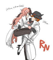 Rule 34 | 1boy, 1girl, black gloves, boots, bowler hat, brown hair, carrying, cigar, from side, gloves, hat, high heels, knee boots, long hair, multicolored hair, neo politan, orange hair, pink hair, roman torchwick, rwby, signalkj, size difference, smile, two-tone hair, white background