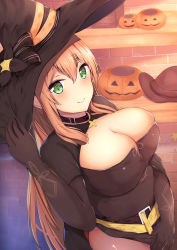 Rule 34 | 1girl, belt, belt buckle, black dress, black gloves, blonde hair, bow, breasts, buckle, choker, cleavage, cleavage cutout, clothing cutout, dress, elbow gloves, girls&#039; frontline, gloves, green eyes, halloween, hat, hat bow, highres, houraku, huge breasts, jack-o&#039;-lantern, large breasts, long hair, looking at viewer, official alternate costume, pumpkin, sash, side slit, sidelocks, smile, solo, springfield (classic witch) (girls&#039; frontline), springfield (girls&#039; frontline), witch hat