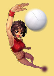 Rule 34 | 1girl, absurdres, ball, breasts, brown eyes, brown hair, fengmo, highres, jumping, midair, muscular, navel, original, playing sports, short hair, simple background, solo, thighs, toned, volleyball, volleyball (object), yellow background