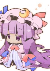 Rule 34 | 1girl, chibi, crescent, dress, female focus, hat, long hair, nyuusankin, outline, patchouli knowledge, purple eyes, purple hair, solo, standing, striped, touhou