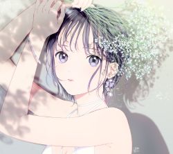 Rule 34 | 1girl, armpits, arms up, bracelet, criss-cross halter, earrings, eyelashes, flower, halterneck, holding, holding flower, jewelry, lips, looking at viewer, looking to the side, mosuko, original, pale skin, purple eyes, purple hair, shadow, short hair, signature, solo, upper body