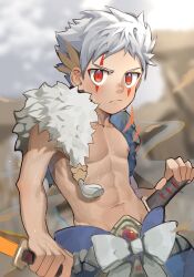 Rule 34 | 1boy, abs, asymmetrical sleeves, bishounen, blurry, blurry background, closed mouth, commentary, cowboy shot, dual wielding, facepaint, facial mark, frown, grey hair, highres, holding, holding weapon, looking at viewer, male focus, multicolored hair, navel, nipples, original, outdoors, red eyes, solo, sword, symbol-only commentary, toned, toned male, topless male, two-tone hair, weapon, white hair, yuki4912