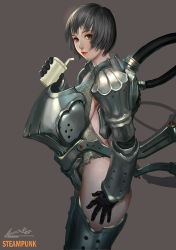 Rule 34 | 1girl, ariverkao, armor, breasts, brown eyes, cable, chainmail, cowboy shot, drink, drinking straw, from side, gloves, grey hair, hand on own hip, hose, looking at viewer, original, plate armor, short hair, sideboob, solo, steampunk
