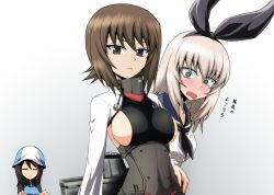 Rule 34 | 3girls, anchor ornament, black dress, black neckwear, black ribbon, blue eyes, blue headwear, blue jacket, blue sailor collar, blush, breasts, brown eyes, brown hair, closed eyes, closed mouth, clothing cutout, commentary, constricted pupils, cosplay, dress, frown, girls und panzer, gorget, gradient background, grey background, hair ribbon, hand on own hip, hat, highres, instrument, itsumi erika, jacket, kamishima kanon, kantai collection, keizoku military uniform, large breasts, leaning forward, long hair, long sleeves, looking at another, looking at viewer, medium hair, mika (girls und panzer), military, military uniform, multiple girls, music, necktie, nishizumi maho, open mouth, playing instrument, raglan sleeves, ribbon, rigging, sailor collar, saliva, shimakaze (kancolle), shimakaze (kancolle) (cosplay), shirt, short hair, shrug (clothing), side cutout, silver hair, smile, standing, staring, sweatdrop, taihou (kancolle), taihou (kancolle) (cosplay), track jacket, translated, tulip hat, underbust, uniform, white jacket, white shirt