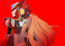 Rule 34 | 1boy, absurdres, armor, blonde hair, blue eyes, forehead jewel, from behind, highres, long hair, looking at viewer, looking back, mega man (series), mega man x (series), red armor, red background, red helmet, red theme, shoulder armor, simple background, solo, sumomo, upper body, z saber, zero (mega man)