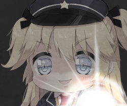 Rule 34 | 1girl, :d, bad id, bad pixiv id, black jacket, black ribbon, blazer, blonde hair, blue hat, blush, chibi, collared shirt, flashlight, foreign blue, girls&#039; frontline, hair between eyes, hair ribbon, hat, jacket, long hair, looking at viewer, necktie, open mouth, peaked cap, red necktie, ribbon, shirt, smile, solo, star (symbol), super-shorty (girls&#039; frontline), sweater vest, two side up, white shirt