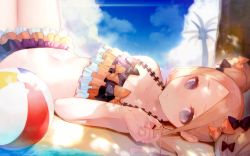 Rule 34 | 1girl, abigail williams (emerald float) (fate), abigail williams (fate), ball, bare shoulders, beach, beachball, bikini, black bikini, black bow, blonde hair, blue eyes, blue sky, bow, breasts, closed mouth, collarbone, day, double bun, emerald float, fate/grand order, fate (series), forehead, frilled bikini, frills, hair bow, hair bun, highres, long hair, looking at viewer, lying, multiple hair bows, navel, official alternate costume, on back, orange bow, palm tree, parted bangs, sidelocks, sky, small breasts, solo, swimsuit, tree, ugusu24