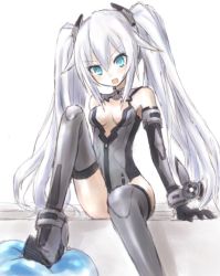 Rule 34 | 10s, 1girl, :d, aqua eyes, bad id, bad pixiv id, bare shoulders, black heart (neptunia), blush, breasts, buran (kure), cleavage, cleavage cutout, clothing cutout, dogoo, elbow gloves, female focus, gloves, kami jigen game neptune v, leotard, long hair, looking at viewer, neptune (series), noire (neptunia), open mouth, sitting, small breasts, smile, solo, stepping, symbol-shaped pupils, thighhighs, twintails, very long hair, white hair
