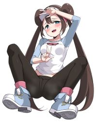Rule 34 | 1girl, absurdres, black pantyhose, blue eyes, blue footwear, breasts, bright pupils, brown hair, cameltoe, creatures (company), double bun, double v, game freak, hair bun, highres, kandori, long hair, looking at viewer, medium breasts, nintendo, pantyhose, pokemon, pokemon bw2, rosa (pokemon), shirt, shoes, simple background, sitting, smile, solo, sweat, twintails, v, very long hair, visor cap, white background, white shirt
