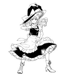 Rule 34 | 1girl, absurdres, apron, black hat, black skirt, black vest, boots, bow, braid, clothes grab, cross-laced footwear, full body, giorno giovanna, giorno giovanna&#039;s pose (jojo), greyscale, hair bow, hat, hat bow, high heel boots, high heels, highres, jojo no kimyou na bouken, jojo pose, kirisame marisa, long hair, looking at viewer, monochrome, natsume (menthol), shirt, short sleeves, simple background, single braid, skirt, smile, solo, touhou, vento aureo, vest, waist apron, white background, white shirt, witch hat
