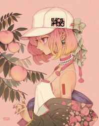 Rule 34 | 1girl, absurdres, artist name, breasts, camisole, ear piercing, earrings, food, fruit, hair behind ear, hat, highres, jewelry, leaf, medium breasts, necklace, original, peach, piercing, pink background, pink eyes, pink nails, pink theme, plant, profile, ring, simple background, solo, upper body, white camisole, white hat, yuuinami