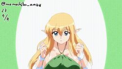 Rule 34 | 1girl, animated, animated gif, blue eyes, bouncing breasts, breasts, clothes, elf, large breasts, long hair, looking at viewer, nafta, pointy ears, solo, tiffania westwood, twitter username, zero no tsukaima