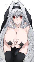 Rule 34 | 1girl, ?, absurdres, alternate costume, arknights, black leotard, black thighhighs, black veil, blush, breasts, chunta, cleavage, commentary, feet out of frame, from above, grey hair, hair between eyes, hair flaps, highres, large breasts, leotard, long hair, looking at viewer, own hands clasped, own hands together, parted lips, pelvic curtain, red eyes, sidelocks, simple background, sitting, solo, specter (arknights), strapless, strapless leotard, sweat, thighhighs, thighs, veil, very long hair, white background