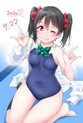 Rule 34 | 1girl, 2020, ;p, barefoot, black hair, black socks, blue one-piece swimsuit, blush, bow, bowtie, breasts, collarbone, green bow, green bowtie, hair bow, hand gesture, highres, kneehighs, long sleeves, looking at viewer, love live!, love live! school idol project, one-piece swimsuit, one eye closed, open clothes, open shirt, red bow, red eyes, seiza, single sock, sitting, sleeveless, small breasts, socks, solo, striped bow, striped bowtie, striped clothes, striped neckwear, swimsuit, tongue, tongue out, twintails, unworn shirt, yazawa nico, yopparai oni