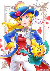 Rule 34 | 1girl, 1other, artist name, ascot, blonde hair, blue eyes, blue jacket, brooch, character name, earrings, flower, hand on own hip, hat feather, hojo kita, holding, holding sword, holding weapon, jacket, jewelry, looking at viewer, mario (series), nintendo, official alternate costume, open clothes, open jacket, pants, petals, princess peach, princess peach: showtime!, rapier, red flower, red rose, red vest, rose, rose petals, sphere earrings, stella (peach), sword, swordfighter peach, vest, watermark, weapon, white ascot, white pants
