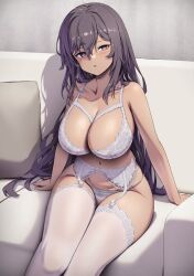 Rule 34 | 1girl, :o, blurry, blurry background, bra, breasts, brown eyes, brown hair, copyright request, couch, dark skin, feet out of frame, half-closed eyes, highres, itaco, large breasts, legs together, lingerie, long hair, looking at viewer, navel, panties, pillow, sitting, thick thighs, thighhighs, thighs, underwear, white bra, white panties, white thighhighs