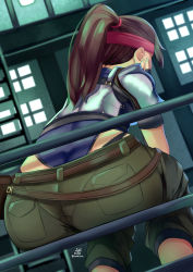 Rule 34 | 1girl, absurdres, armor, artist name, ass, ass focus, belt, belt pouch, bent over, bl/ess, black panties, blue bodysuit, bodysuit, bodysuit under clothes, breastplate, brown belt, brown hair, final fantasy, final fantasy vii, fingerless gloves, from behind, gloves, green pants, hand on own cheek, hand on own face, headband, highres, indoors, jessie rasberry, lace, lace-trimmed panties, lace trim, long hair, panties, pants, pantylines, pocket, ponytail, pouch, railing, red headband, short sleeves, shoulder armor, sitting, solo, underwear