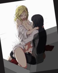 Rule 34 | 10s, 2girls, arms around neck, black hair, blonde hair, blush, bottomless, breasts, cleavage, closed eyes, coat, couch, fingering, girl on top, grabbing another&#039;s hair, jewelry, karanomori shion, kunizuka yayoi, lab coat, large breasts, lipstick, long hair, makeup, multiple girls, naked labcoat, necklace, neko majin, nipples, off shoulder, open clothes, open coat, open mouth, open pants, pants, psycho-pass, pussy juice, saliva, saliva trail, sitting, sitting on lap, sitting on person, sleeves rolled up, torogao, x-ray, yuri