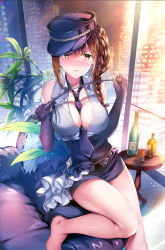 Rule 34 | 1girl, aliasing, bare shoulders, barefoot, between breasts, blue shirt, blush, bottle, braid, breasts, brown eyes, brown hair, building, cleavage, collarbone, collared shirt, commentary request, couch, cup, drinking glass, elbow gloves, glint, gloves, hair between eyes, hat, holding, idolmaster, idolmaster shiny colors, indoors, kuwayama chiyuki, large breasts, long hair, looking at viewer, necktie, necktie between breasts, night, nose blush, peaked cap, plant, purple gloves, purple hair, purple necktie, purple skirt, rei (rei&#039;s room), riding crop, shirt, single braid, sitting, skirt, skyscraper, sleeveless, sleeveless shirt, solo, table, window, wine glass