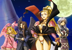 Rule 34 | 4girls, :d, blonde hair, breasts, cleavage, cowboy shot, crowdia, dress, full moon, gao (marl kingdom), gao (rhapsody), groin, large breasts, long hair, long sleeves, looking at viewer, lowres, marjoly, marl kingdom, moon, multiple girls, myao, myao (marl kingdom), nippon ichi, open mouth, pink dress, puppet princess (marl kingdom), red eyes, revealing clothes, ryoji (nomura ryouji), silver hair, smile, standing, very long hair