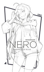 Rule 34 | 10s, 1girl, ahoge, alternate costume, billboard, city, clothes writing, contemporary, contrapposto, cowboy shot, day, fate/extra, fate (series), hair intakes, hair ribbon, hand up, head tilt, headphones, hood, hooded sweater, jacket, long sleeves, looking at viewer, monochrome, nero claudius (fate), nero claudius (fate) (all), nero claudius (fate/extra), nian (zhanian), open mouth, outdoors, ribbon, short hair, short shorts, shorts, sky, smile, solo, standing, sunglasses, sweater, torn clothes, torn shorts