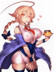 Rule 34 | 1girl, ahoge, bare shoulders, blazblue, blonde hair, blue bow, blue thighhighs, blush, bow, braid, breasts, center frills, collared shirt, corset, covered erect nipples, cowboy shot, detached sleeves, es (xblaze), food, frilled thighhighs, frills, fumio (rsqkr), hair between eyes, hair bow, head tilt, heart, holding, holding plate, huge ahoge, large breasts, long hair, looking at viewer, low-tied long hair, mouth hold, necktie, plate, pudding, red eyes, red necktie, shirt, simple background, single braid, sketch, sleeveless, sleeveless shirt, solo, standing, thighhighs, white background, wide sleeves, wing collar, xblaze, xblaze code: embryo