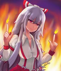 Rule 34 | 1girl, absurdres, artist name, bow, breasts, buttons, collared shirt, fire, fujiwara no mokou, hair bow, highres, hime cut, kanpaithighs, long hair, long sleeves, pants, pointing, pointing up, pyrokinesis, red eyes, red pants, shirt, sidelocks, signature, sleeve garter, smile, solo, suspenders, touhou, white bow, white hair, white shirt