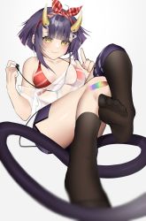 Rule 34 | 1girl, bikini, bikini under clothes, black thighhighs, breasts, commentary, demon tail, earbuds, earphones, english commentary, fang, food-themed hair ornament, hair ornament, headphones, highres, horns, indie virtual youtuber, large breasts, looking at viewer, moonchii, oni, oni horns, onigiri (vtuber) (summer), onigiri (vtuber), onigiri hair ornament, purple hair, purple skirt, red bikini, see-through, see-through shirt, shirt, short hair, skin fang, skirt, swimsuit, tail, thighhighs, virtual youtuber, white shirt, yellow eyes