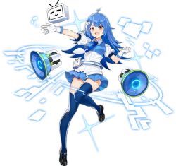 Rule 34 | 1girl, :d, ahoge, ark order, artist request, belt, bili girl 22, bilibili, black footwear, blue hair, blue necktie, blue skirt, blue thighhighs, breasts, full body, gloves, hologram, loafers, long hair, looking at viewer, megaphone, necktie, official art, open mouth, pleated skirt, puffy short sleeves, puffy sleeves, red eyes, shirt, shoes, short sleeves, skirt, smile, solo, sparkle, standing, standing on one leg, tachi-e, thighhighs, transparent background, tv hair ornament, white belt, white gloves, white shirt, xiao dianshi